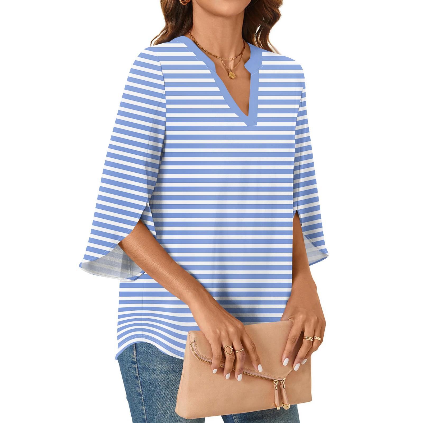 

Женские топы 3/4 с рукавами-колокольчиками и V-образным вырезом, в полоску, с принтом, блузки, рабочие туники, рубашки XXXL