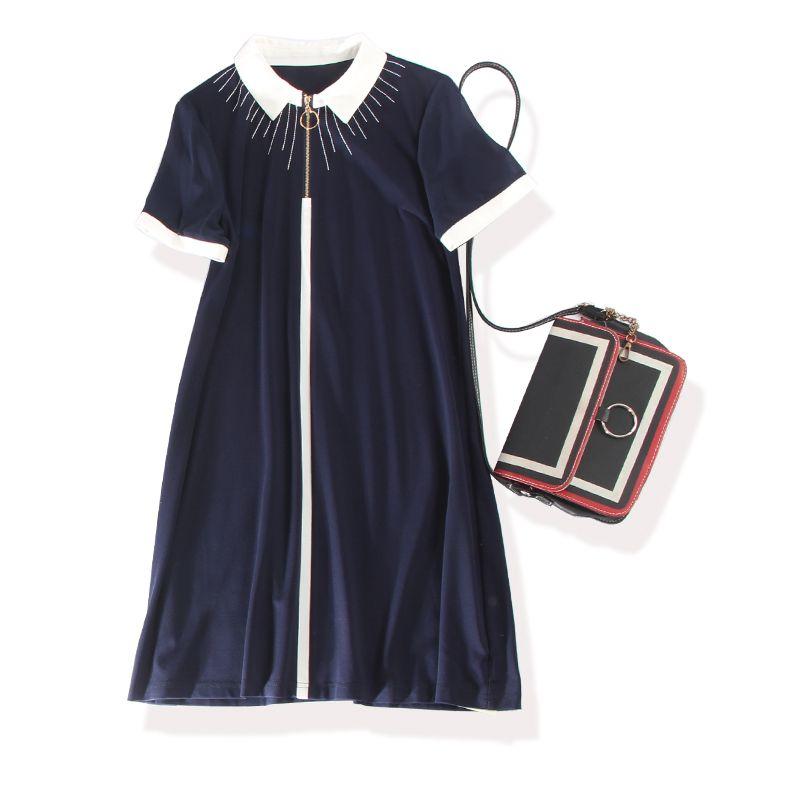 

White Lapel Silk Cotton Dress Dark blue L
