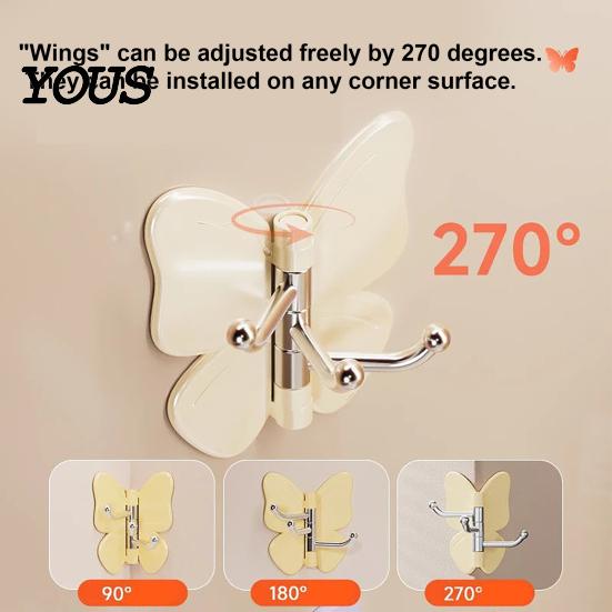 Hair Tie Holder Hook Rotating Butterfly Adhesive Wall Hooks, 3-Prong No-Drill Swivel Hangers, with Key Adjustable Angle Space-Saving Hook, for