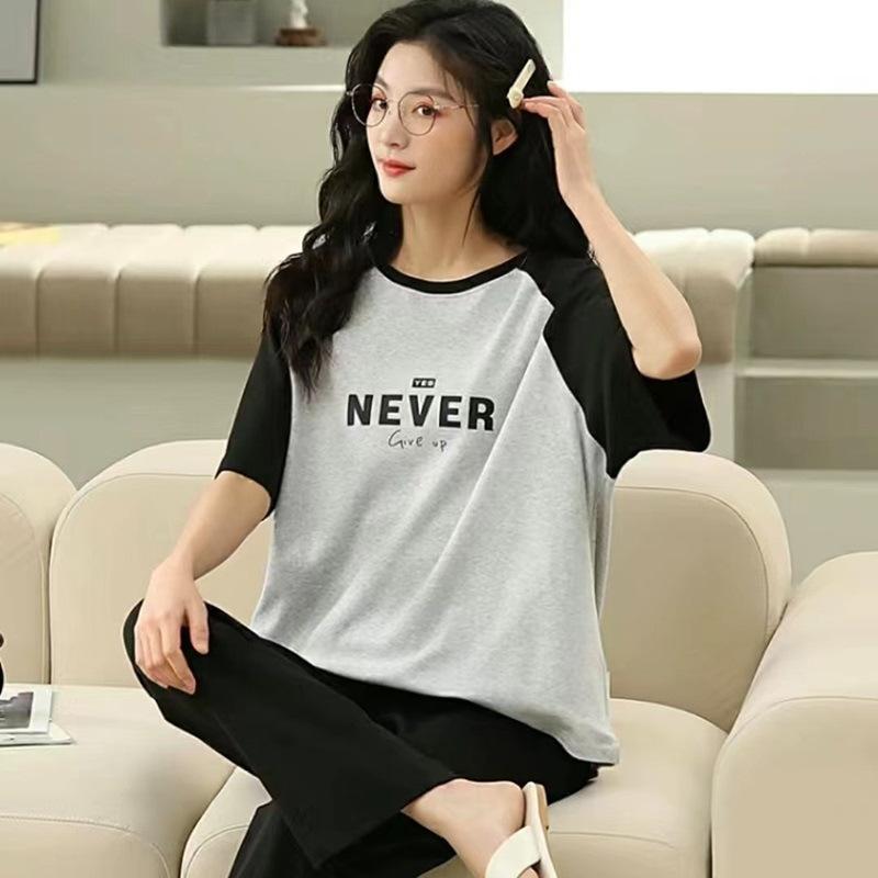 Summer short-sleeved fresh plaid pants simple casual pajamas women's breathable loose loungewear set