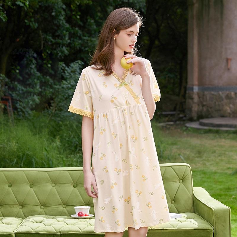 Fenteng 100% Cotton V-Neck Short-Sleeved Thin Nightgown