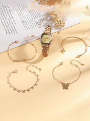 Fashionable Light Luxury Roman Numerals Steel Band Women's Quartz Watch Bracelet Set of 5, Suitable for Thanksgiving and Christm