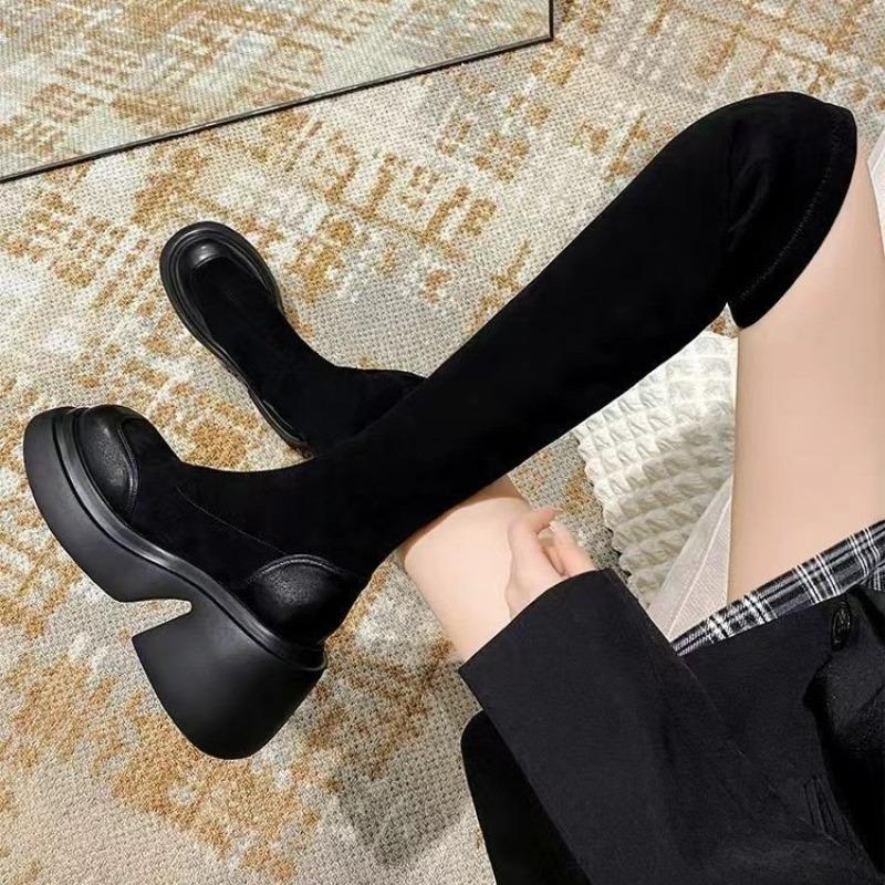Black Suede Elastic Boots Women's Winter New Thick-soled Heel Over Knee Boots Skinny Boots Socks Boots Long Boots