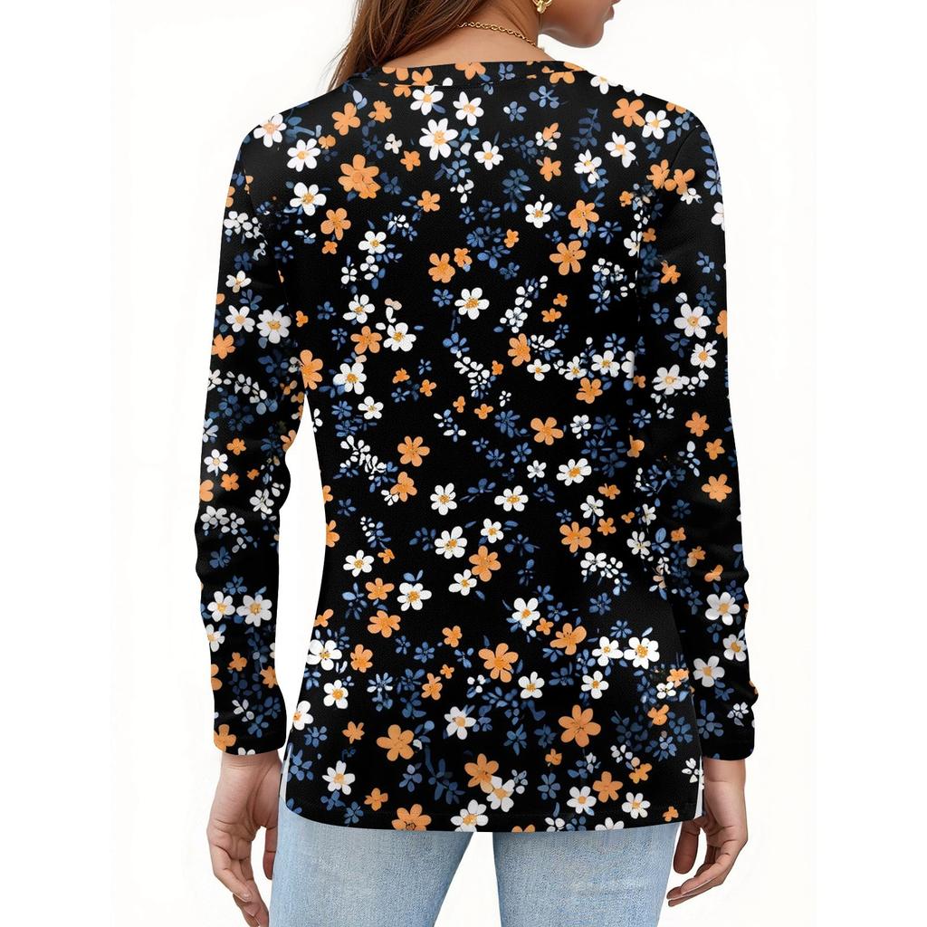 Women's Fashion Casual Slit Hem Round Neck Long Sleeve Loose Printed T-Shirt Ladies Top