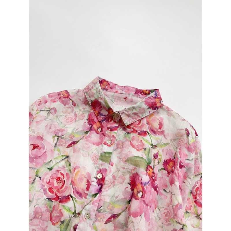 Watercolor Printed Shirt Versatile Thin Linen Floral Blouse French Versatile Women's Top