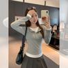 Flower ash fake two-piece splicing V-neck long-sleeved T-shirt women's autumn new slim-fitting and thin button-bottomed shirt top