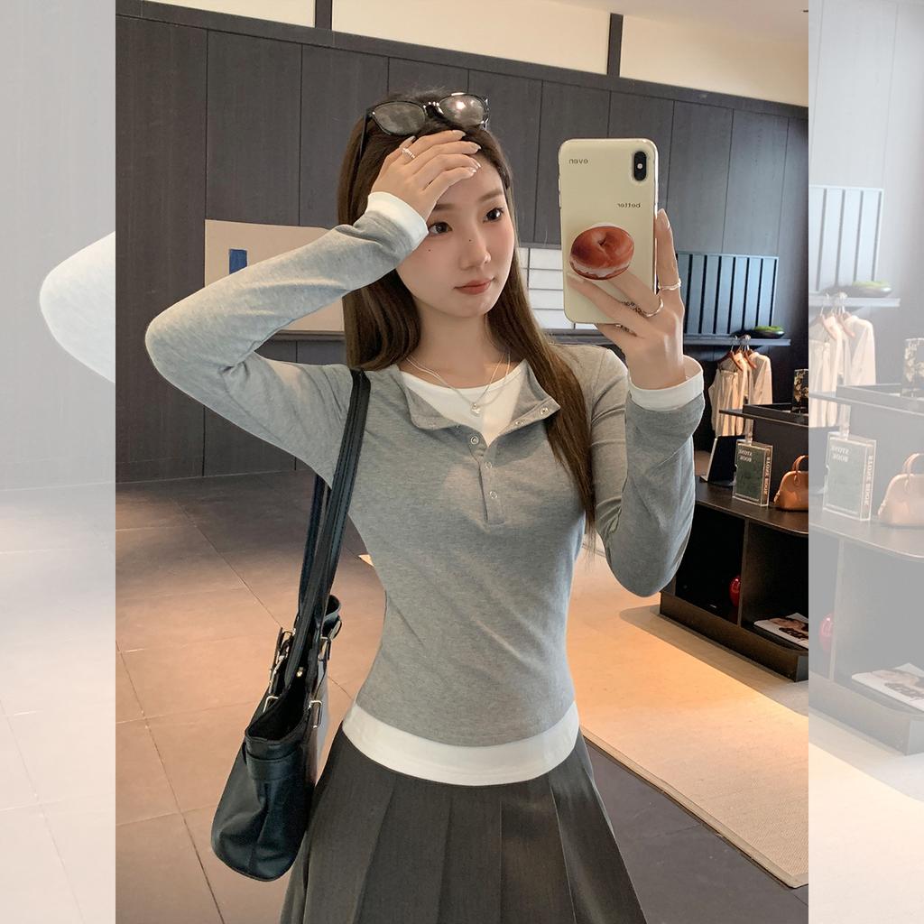 Flower ash fake two-piece splicing V-neck long-sleeved T-shirt women's autumn new slim-fitting and thin button-bottomed shirt top
