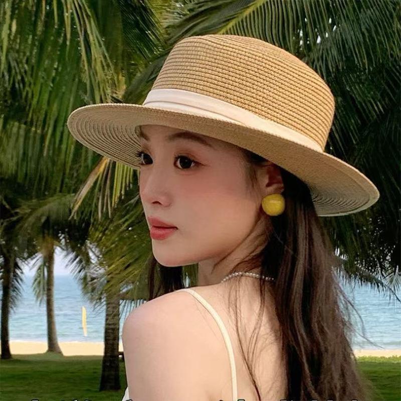 Fashion French Style Flat Top Straw Hat Beach Sun Hat Travel Vocation Women 2026 Summer Straw Hat