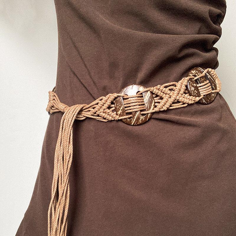 Women's woven belt, new skirt accessory, niche design waist chain, retro ethnic wide rope belt, suitable for daily w