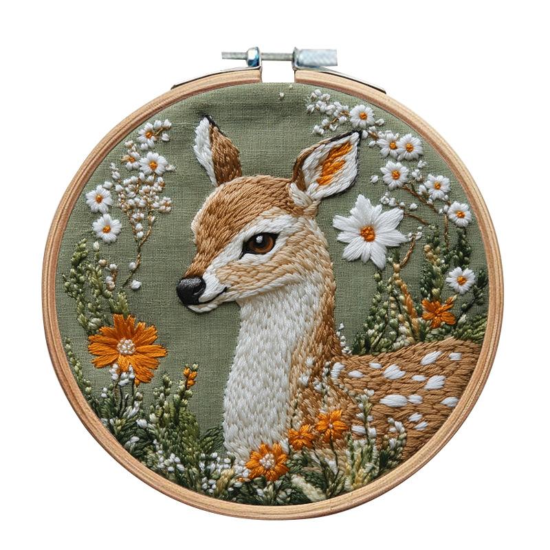 1pc Deer and Flower Pattern Embroidery DIY Fabric Craft Set with Tools