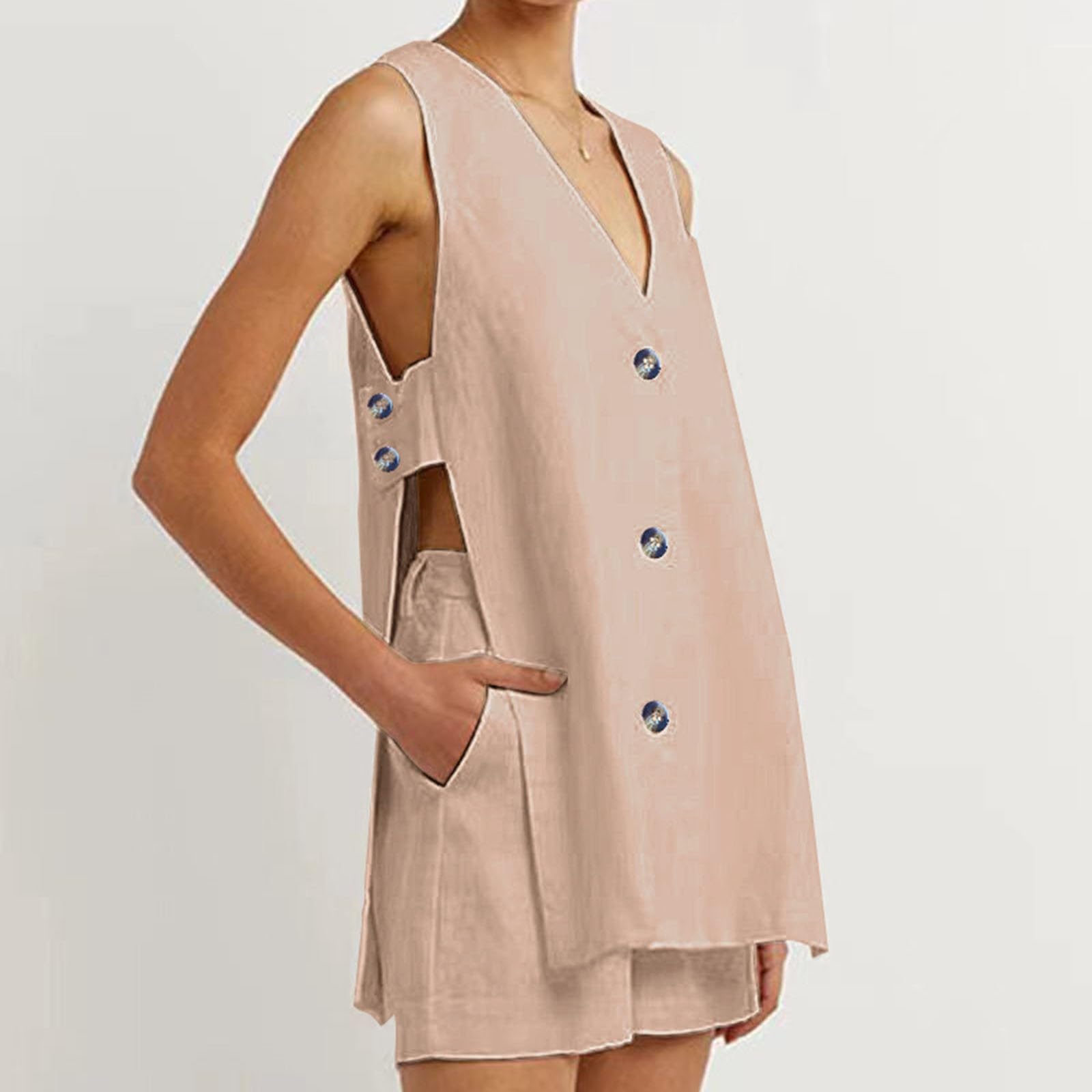 

Women s V Neck Side Hollow Out Button-Down Sleeveless Top And Baggy Short Two Piece Set L хаки