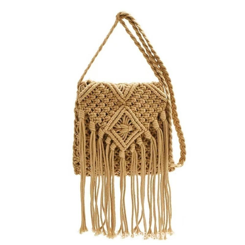 Ethnic Style Woven Straw Bag Solid Color Bohemian Style Tassel Shoulder Bag Messenger Bag Phone Bag Women Crossbody Bag Holiday