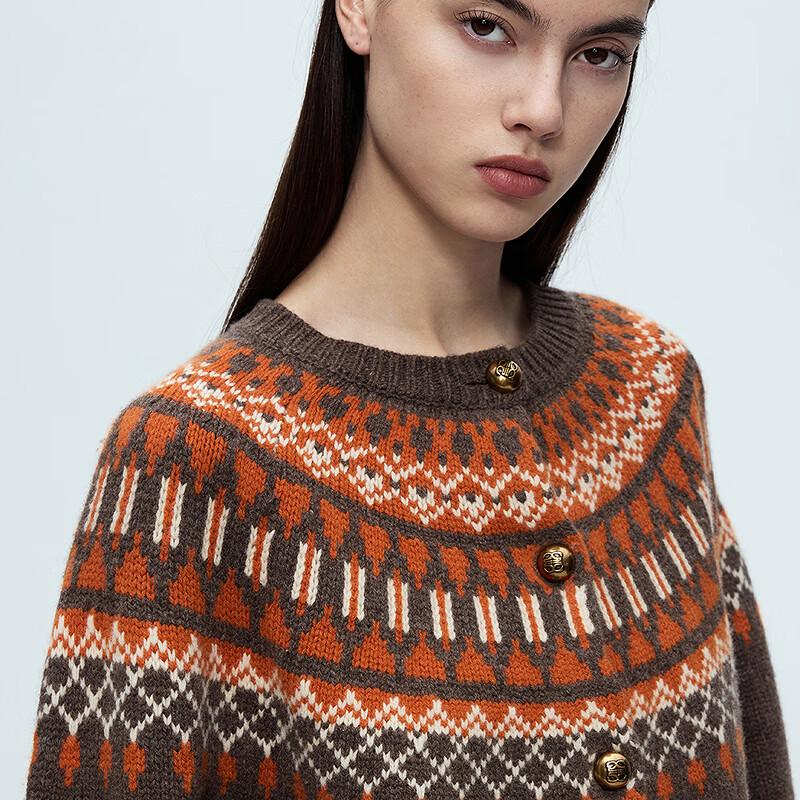 LANCY Wool Fair Isle Color Block Knit Cardigan