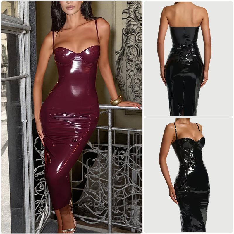 Vestido Midi Feminino Sem Mangas de Alça Fina em Couro PU Bodycon Vestido Regata