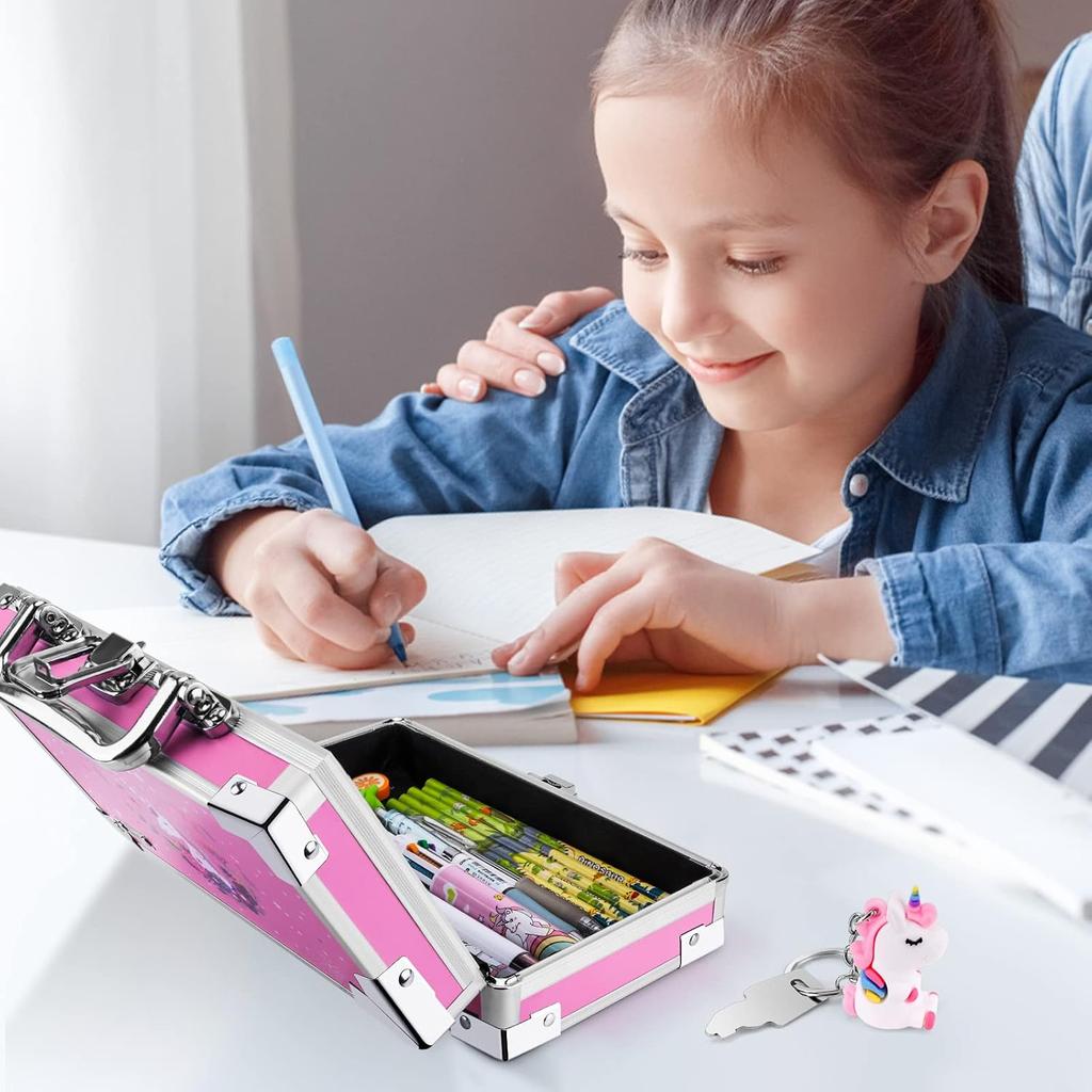 JYPS Unicorn Pencil Box for Girls Boys Kids, Lock Box for School with Portable Handle and Uncorn Keychain, Pink Pencil Box, Cute Unicorn School