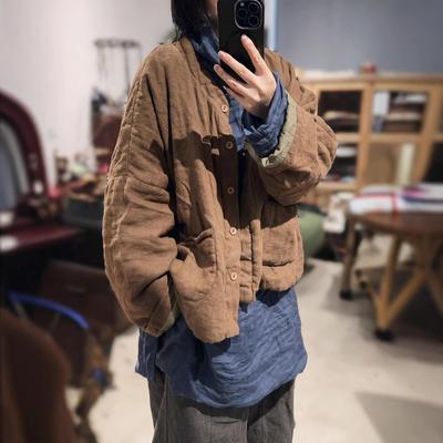 Casacos Femininos Vintage de Inverno com Botões Cor Sólida Estilo Chinês Manga Longa Bolsos Casacos Femininos Quentes