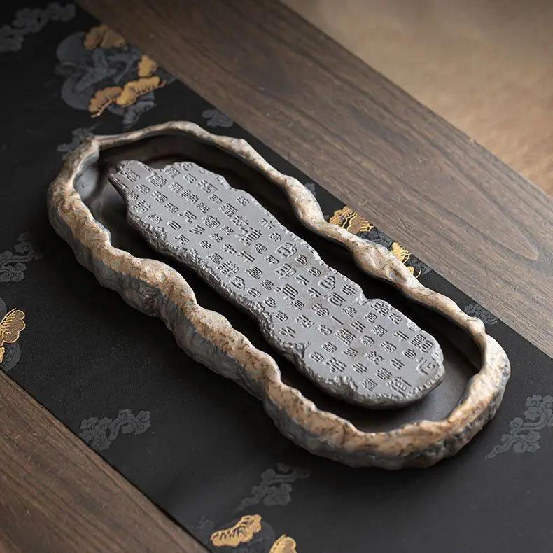 Vintage Tea Tray, Gilded Zen Heart Sutra Tea Tray, Coarse Ceramic Tea Tray, Household Water Storage, High-end Dry Brewed
