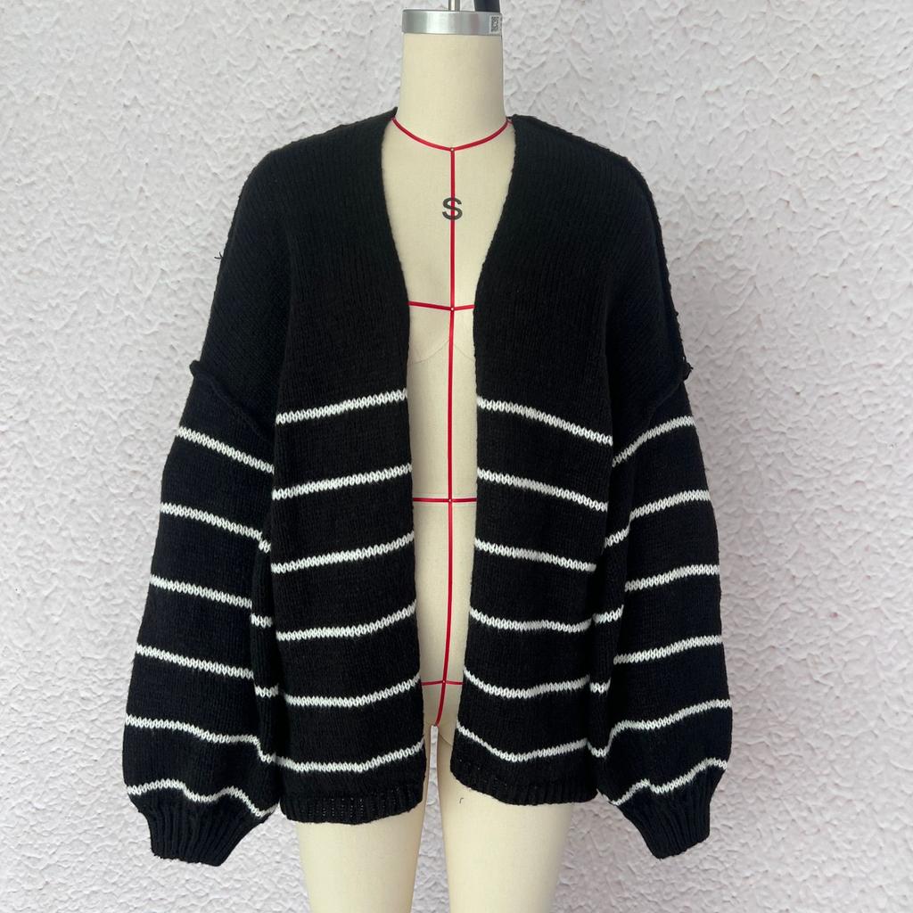 New autumn and winter sweater for women, loose contrasting stripes, reverse bone embroidery, knitted cardigan jacket for women 3583 KTB