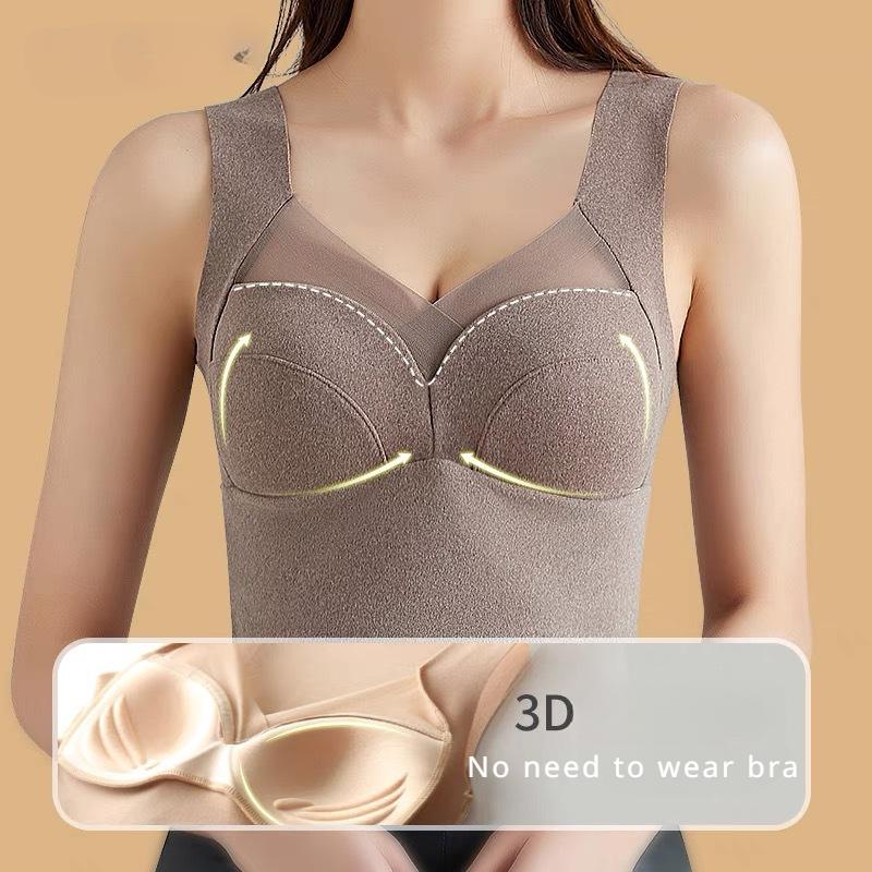 Winter Women's Velvet Thermal Vest Sleeveless Thermal Underwear with Bra Pads Sleeveless Bottoming Shirt Fleece Undershirt with Bra Pads