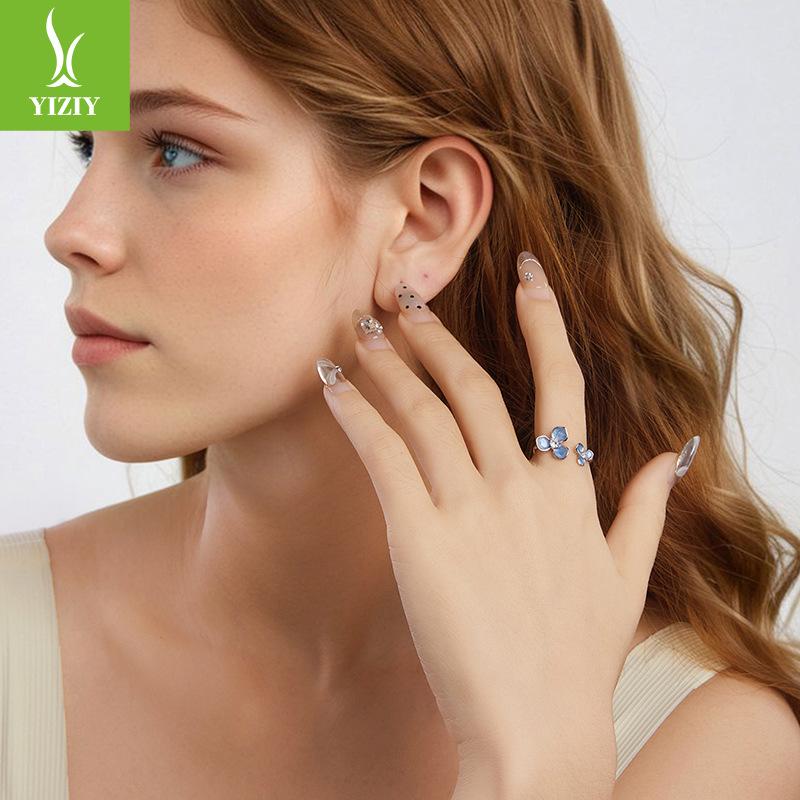 Blue Flower Opening Ring S925 Sterling Silver Flower Jewelry Ring For Women, Adjustable, Simple And Fashionable