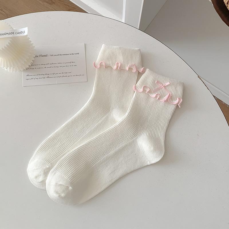 

2025 Новые женские повседневные носки в японском и корейском стиле, летние хлопковые тонкие милые носки с бантом и фестончатым краем, с круглым вырезом розовый
