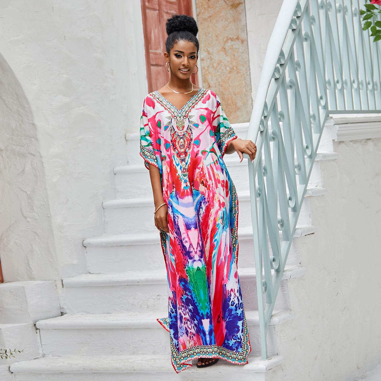 

EDOLYNSA кафтан с богемным принтом, повседневное накидка на бикини на летние каникулы, женская одежда, пляжная одежда, купальный костюм, накидка Q1522 One size розовый