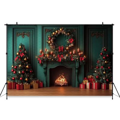 Mocsicka Christmas Photography Backgrounds Tree Decors Family Festival Party Photo Backdrops Green Wall Fireplace Pattern Banner