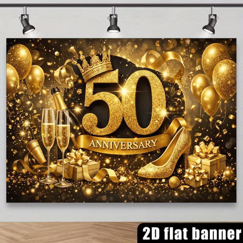 2D 50th Anniversary Golden High Heels & Balloons Background