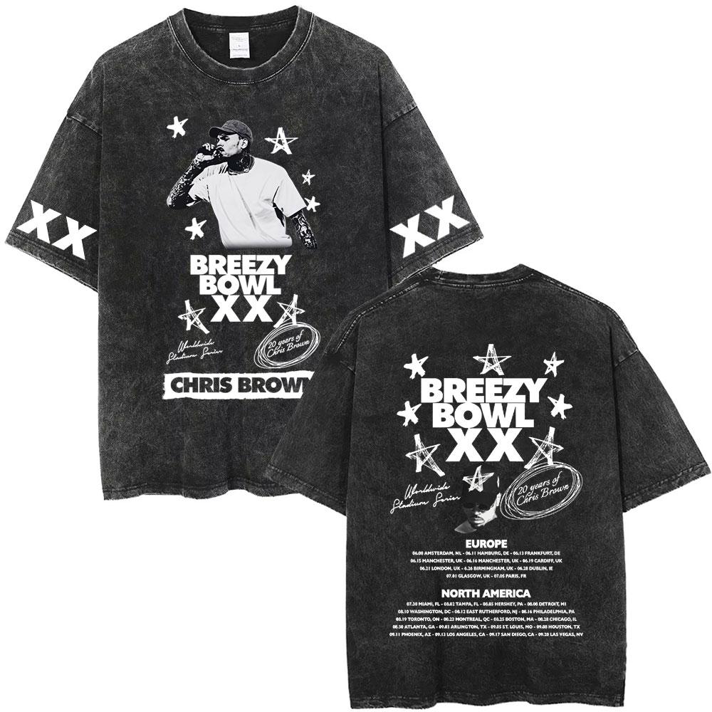 Rapper Chris Brown Breezy Bowl XX Tour  Vintage Washed Tshirts Men Women Hip Hop Fashion T Shirts Male Cotton Retro Tshirt