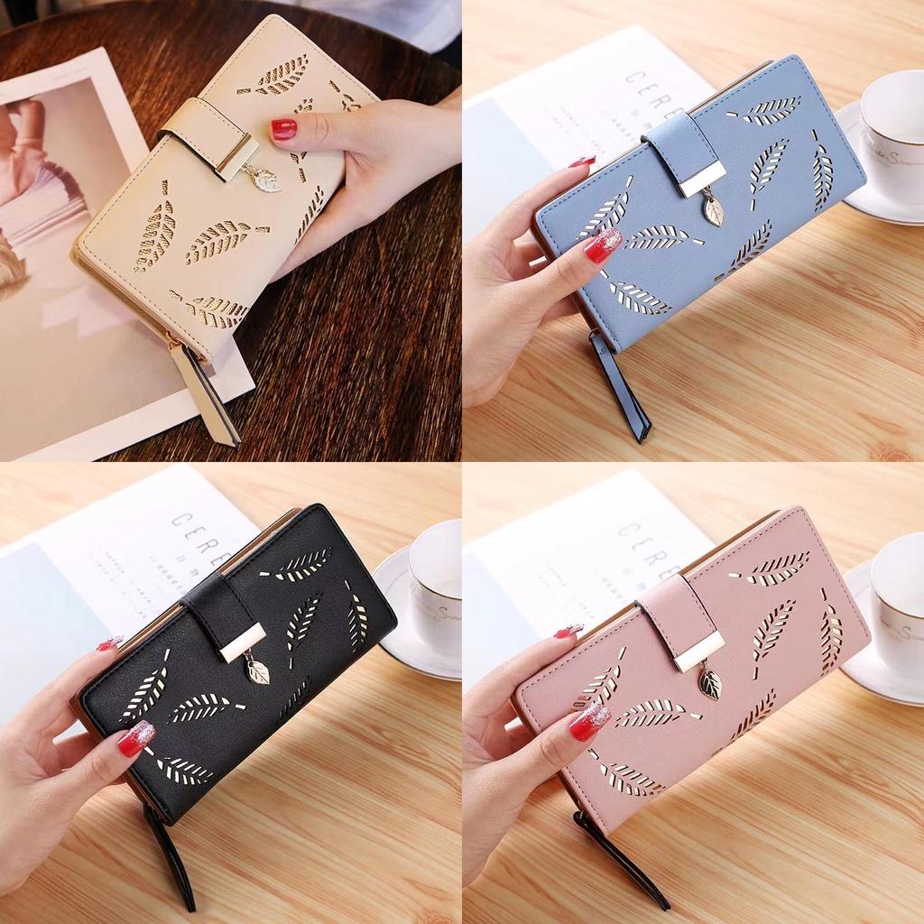 2023 New Ladies Wallet Hollow Leaf Pattern Pu Leather Zipper Closure Long Card Holder