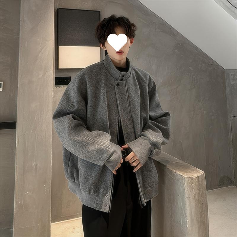 Men's Stand-Collar Woolen Coat - American Silhouette, Heavyweight Short Jacket for Spring/Autumn