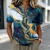 Women's Short Sleeve Henley Button Neck Shirt Cotton Linen Blend Lightweight Casual Top with Abstract Print Pattern for Summer and Spring