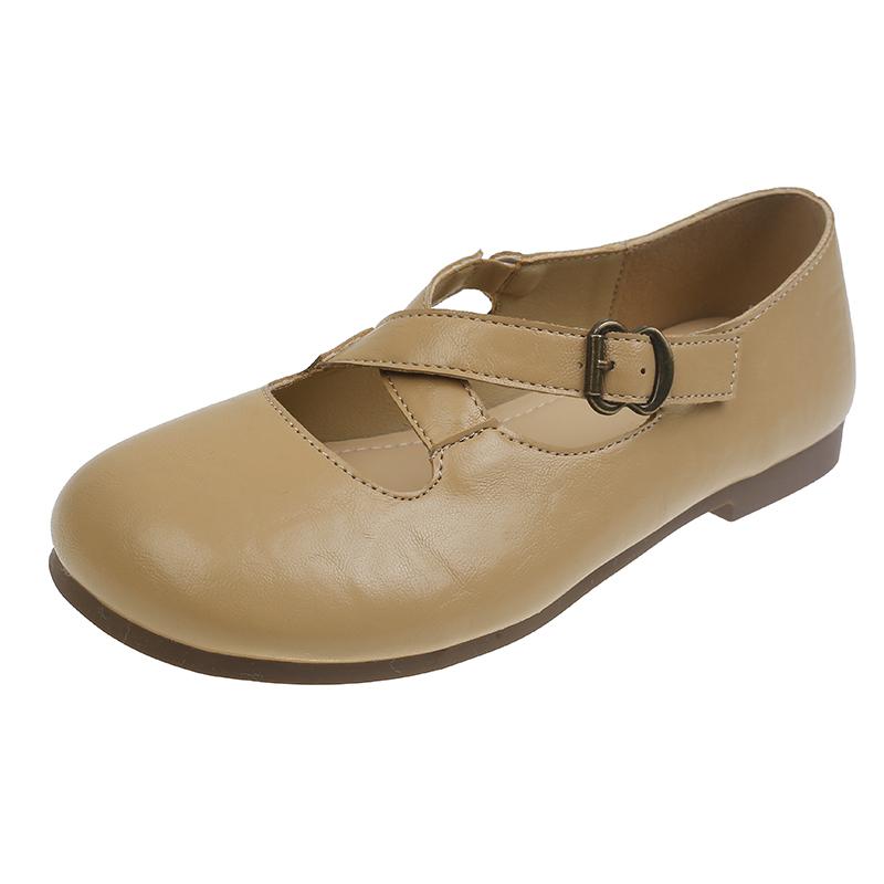 Fashion Spring New Single Shoes Women Round Head Shallow Mouth Metal Buckle Cross with Soft Sole Anti-slip Wear-resistant Flat Shoes