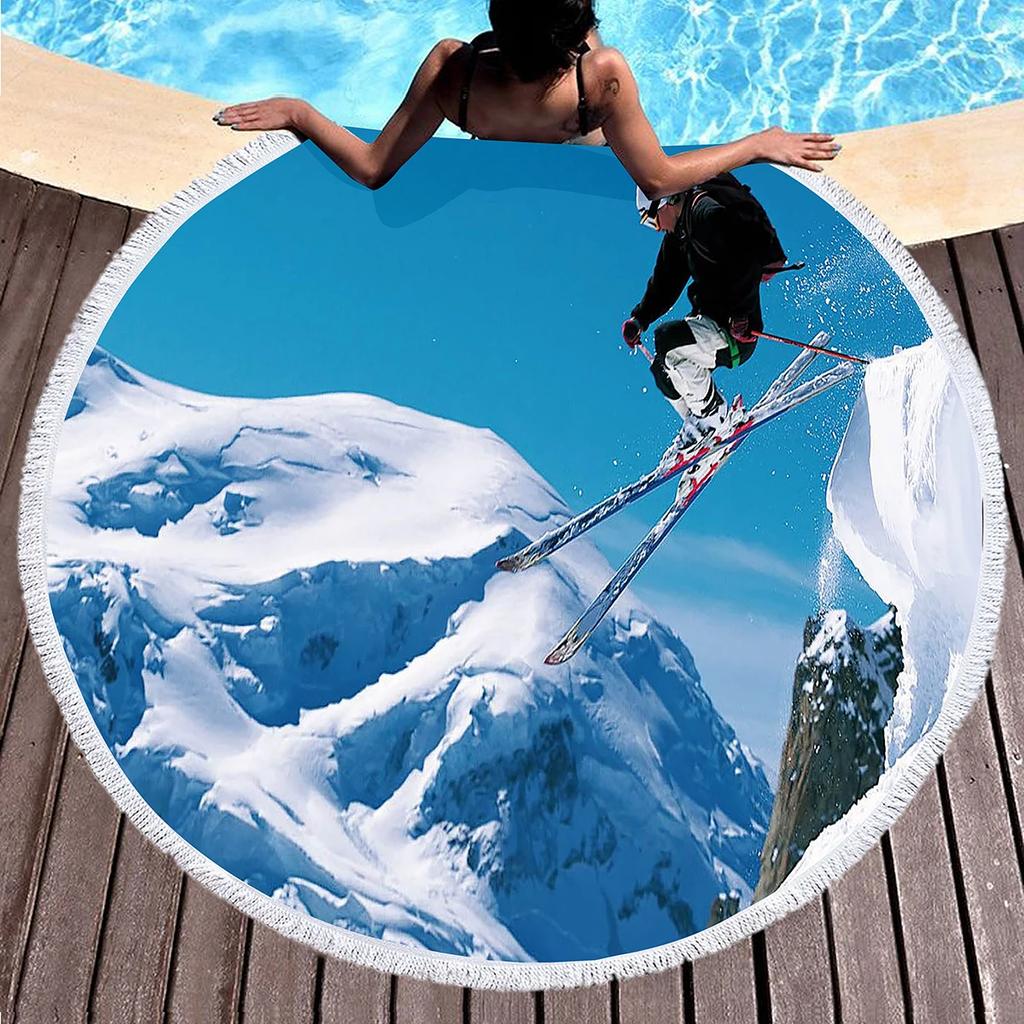 Ski Round Beach Towel, Extreme Sports Theme Beach Blanket Comfortable Absorbent Quick Dry Snow Mountain Print Towel Picnic Mat