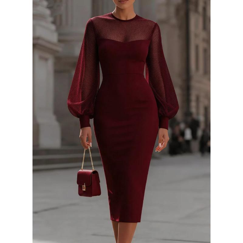 HNXC Women's Fashion Autumn Winter O-Neck Long Sleeve Solid Color Print Casual Dresses Classic Exquisite