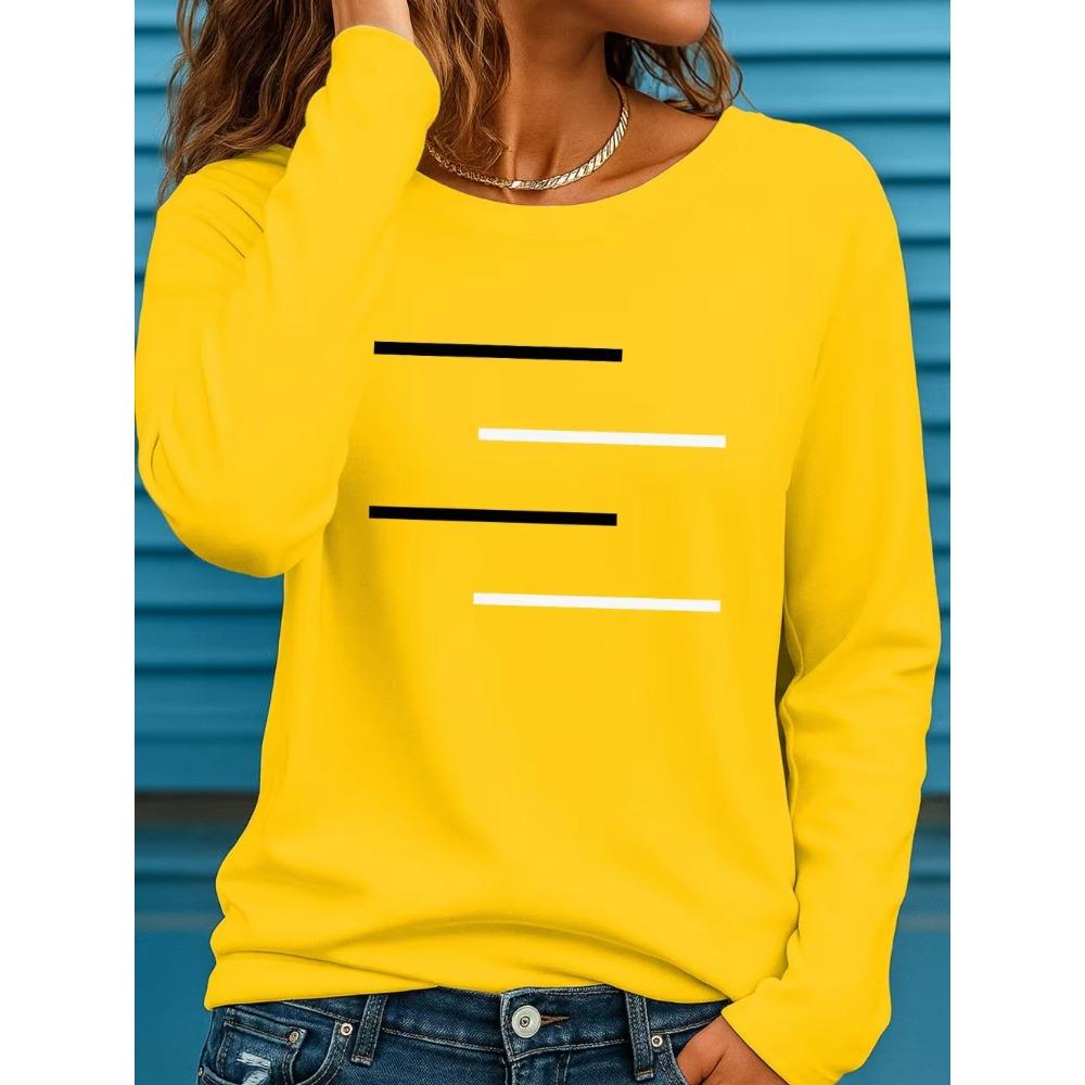 Women's Long Sleeves T-Shirts Casual Loose Black and White Lines Pattern Round Neck Short Sleeved T-Shirt Fall Female Clothing