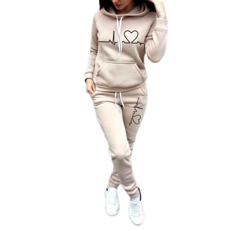 Ladies Hoodie Tracksuit Set Heart Print Thick Warm Breathable Daily Wear Solid Color 2 Pcs