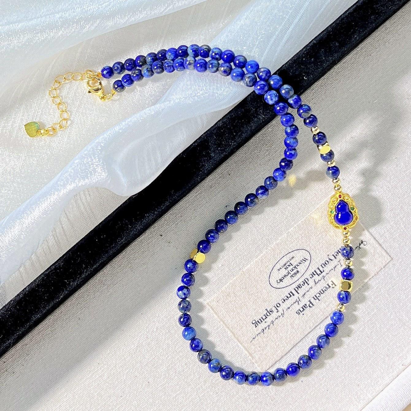 4Mm Retro High Quality Natural Lapis Lazuli Design Sweater Chain Necklace Collarbone Chain