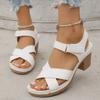 Crossstrap Chubby Sandals Summer Flowers Large Size Velcro Open-toed Midheel Sandals