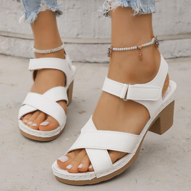 Crossstrap Chubby Sandals Summer Flowers Large Size Velcro Open-toed Midheel Sandals
