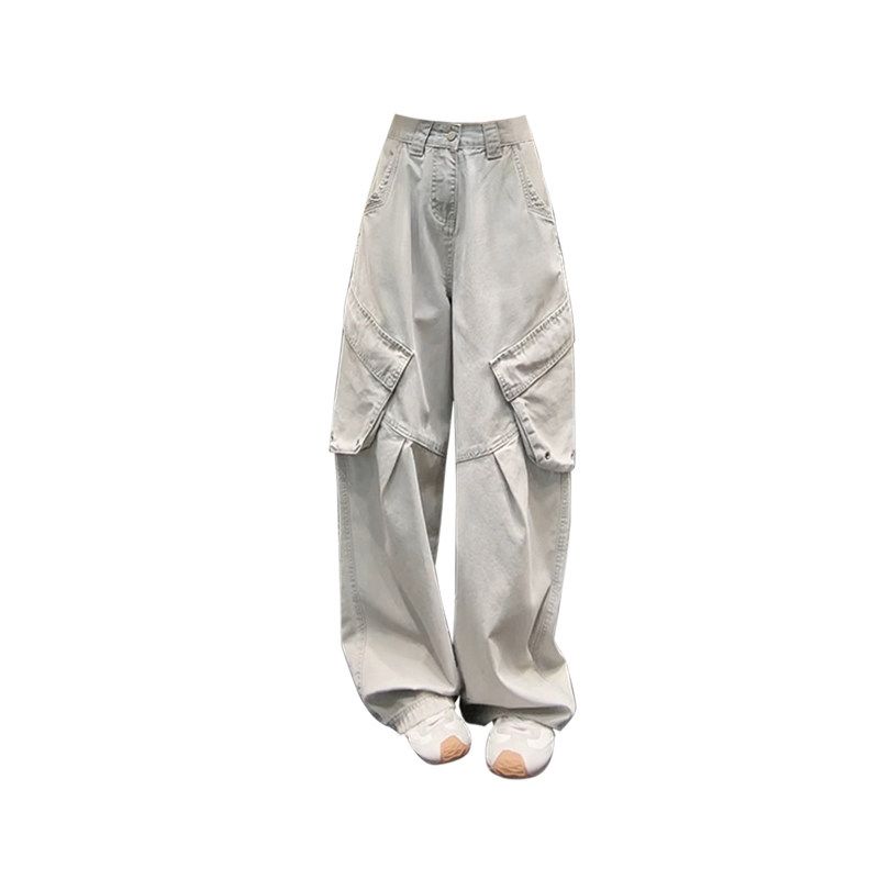 

American Style Gyaru Style Loose Large Pocket Denim Cargo Pants Mopping Pants Women Summer Straight Casual All-matching Wide Leg Pants Silver Gray Pants [High Quality] S