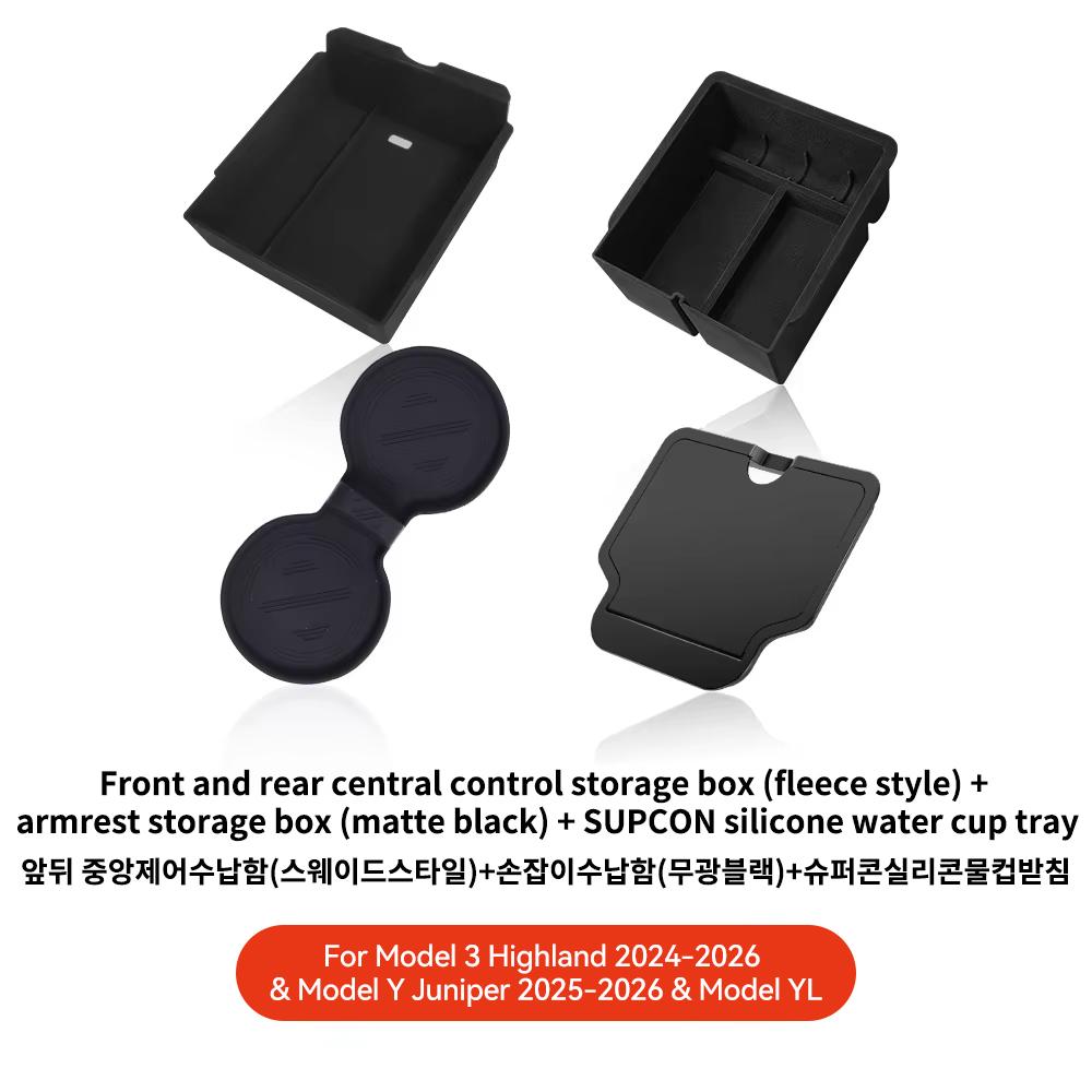 YZ For Tesla Highland Model 3 Y Juniper Hidden Storage Center Console Armrest Front and Rear Layered Grid ABS Organized Flocking