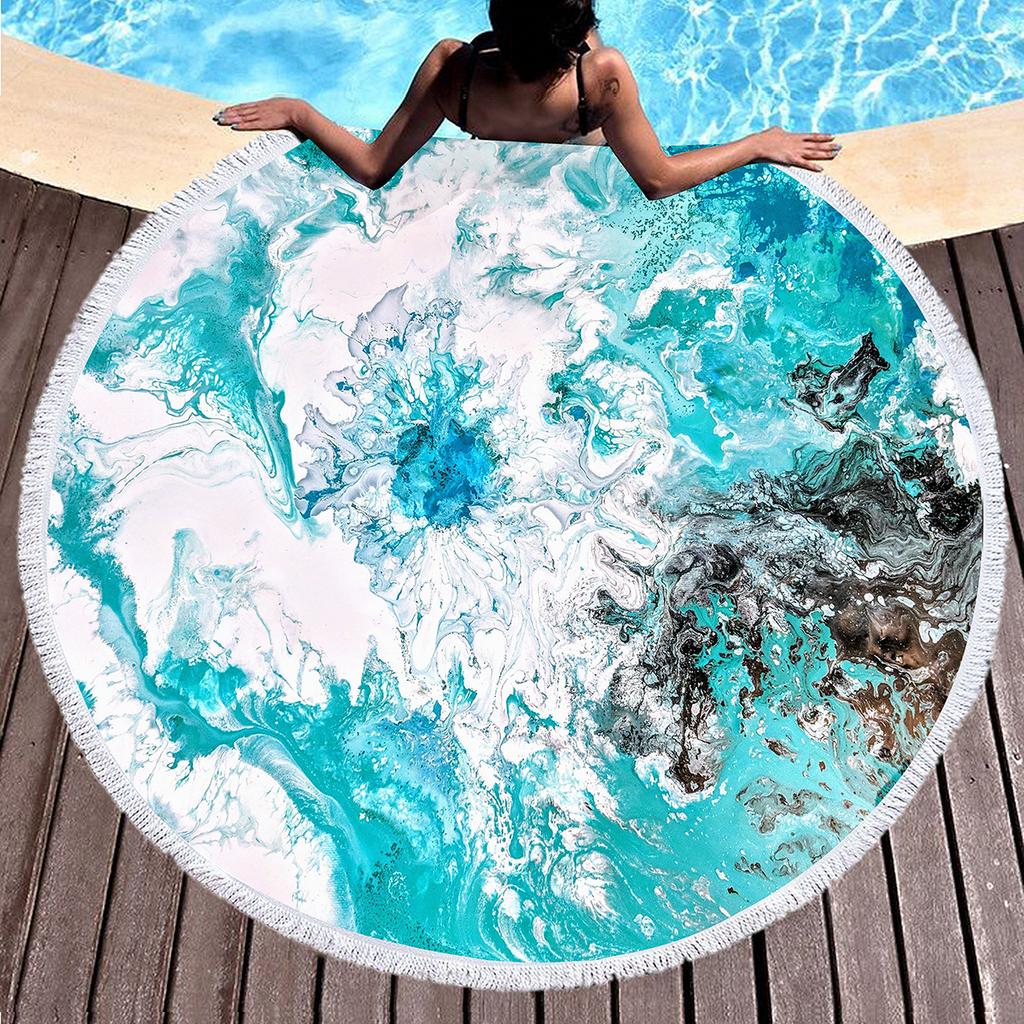Marble Round Beach Towel with Tassels, Microfiber Quick Dry Beach Blanket Circle Swim Pool Towel Yoga Mat Meditation Picnic Rug