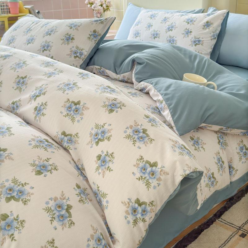 Class A Fresh Four-Piece Set: Washed Cotton Bed Sheet & Duvet Cover with Double Layer Gauze - Home Bedding Collection