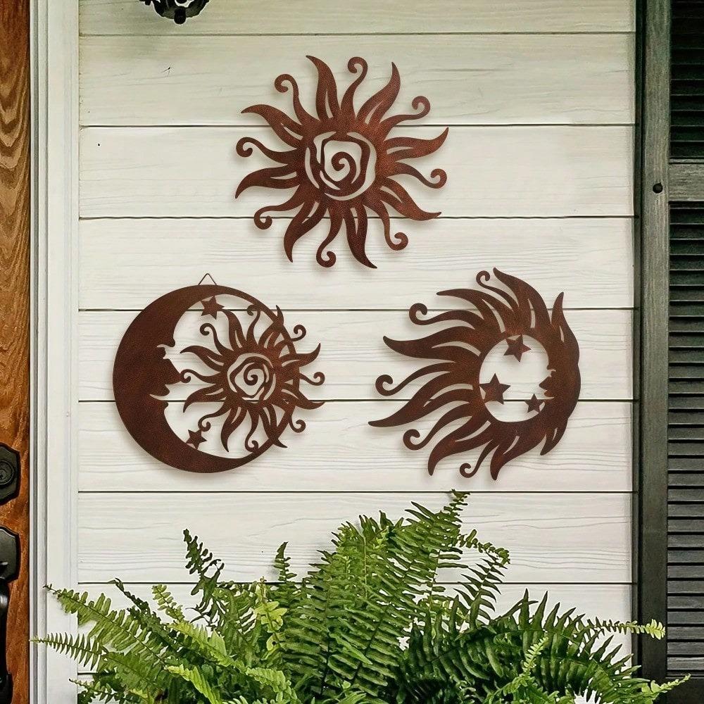 Wrought Iron Sun Wall Art 3 Pieces, Silhouette Sunburst Sculpture, Metal Hanging Decor for Living Room Bedroom