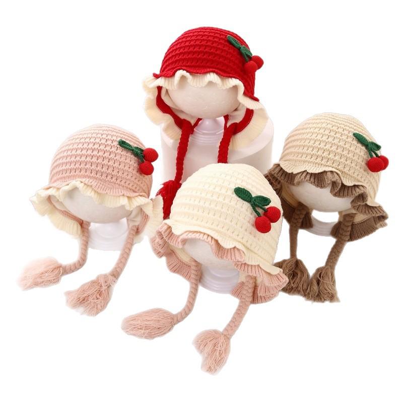 Cozy Cherry Princess Knitted Baby Hat with Ear Protection - Perfect for Autumn and Winter