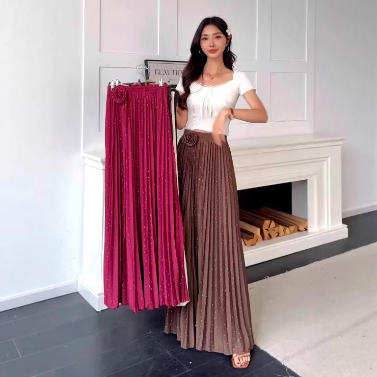 Jupe trapèze plissée à taille haute ornée de perles florales - Jupe longue amincissante pour femme, Arrivage Printemps 2026
