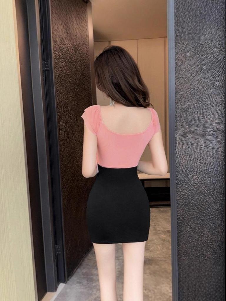 Schickes Damen-Bodycon-Bleistiftkleid aus Mesh mit tiefem Ausschnitt und Rüschenärmeln