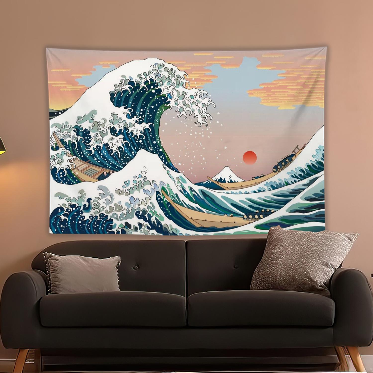 

Японские морские волны Креативный Ван Гог Звездная ночь Красное солнце и дизайн морских волн Гобелен Настенный декор Идеально подходит для спальни 29x37in