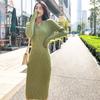 Newsight Knit Tight Long Long Sexy Bodycon Dress Women's Dress, Skirt, Sleeves, V-Neck, Cute, Stylish, Off-the-Shoulder, (Green)